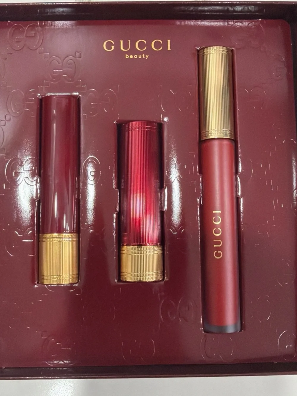 Gucci Red Lipstick and Red Liquid Lip Duo with Gold Accents